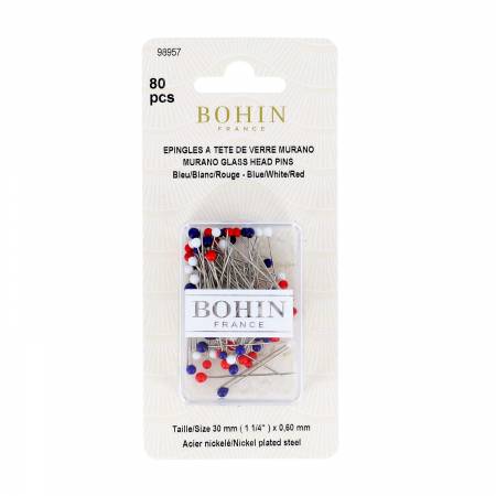 Glass Head Pins 1-3/16in 80 Pins Red White Blue - Happy Little Quilt Shop