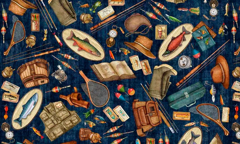 ALL MICHIGAN SHOP HOP 2026 - FISHING EQUIPMENT - NAVY - Happy Little Quilt Shop