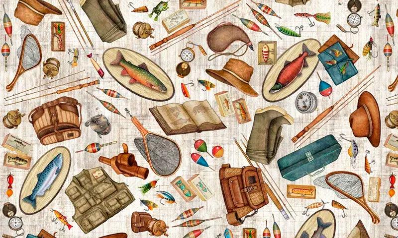 ALL MICHIGAN SHOP HOP 2026 - FISHING EQUIPMENT - TAN - Happy Little Quilt Shop