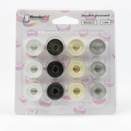 DecoBob Prewound Bobbins Size L 12ct Black White Cream Grey - Happy Little Quilt Shop
