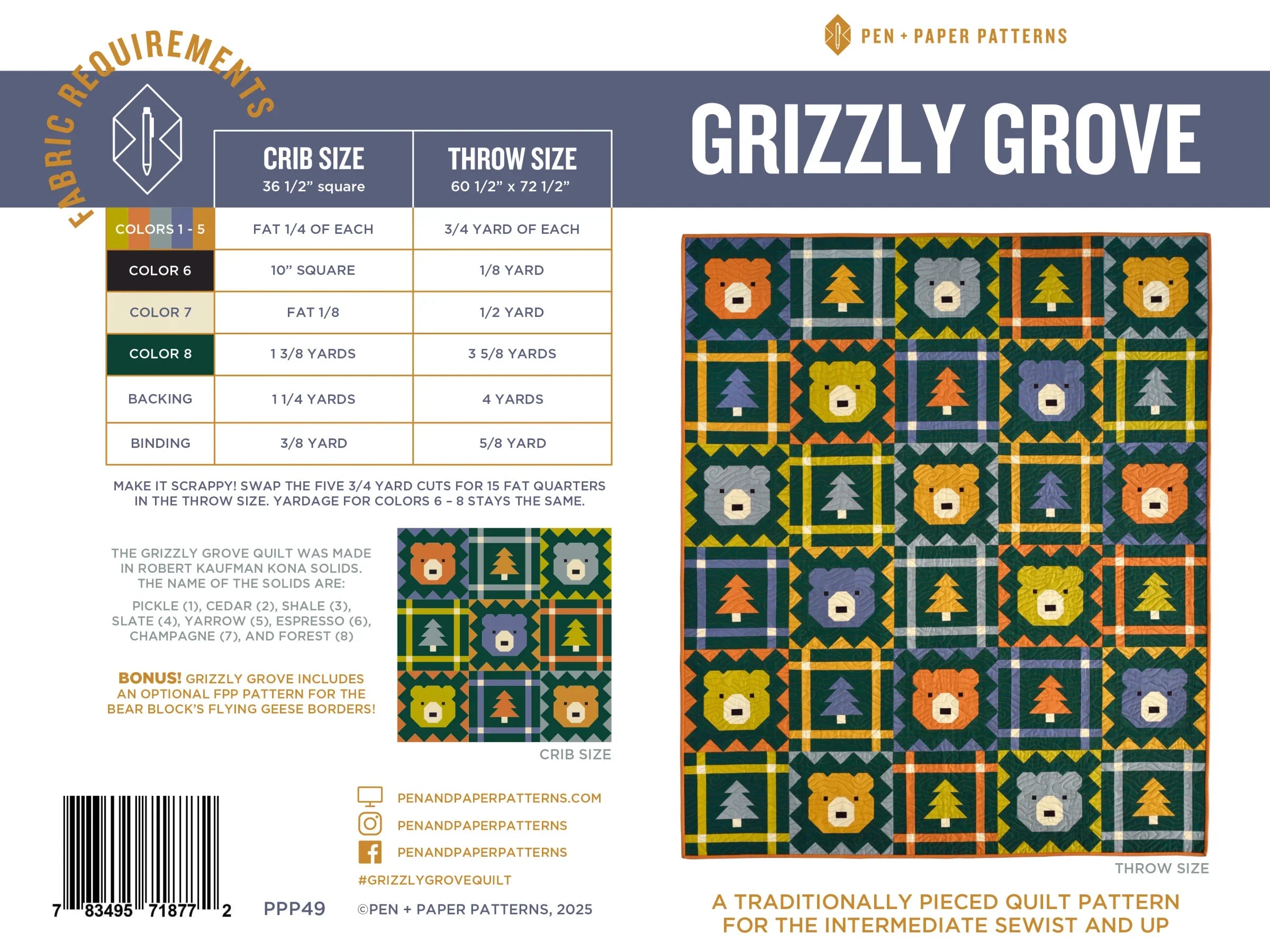 Grizzly Grove Pen and Paper Patterns Kit- Throw Size - Happy Little Quilt Shop