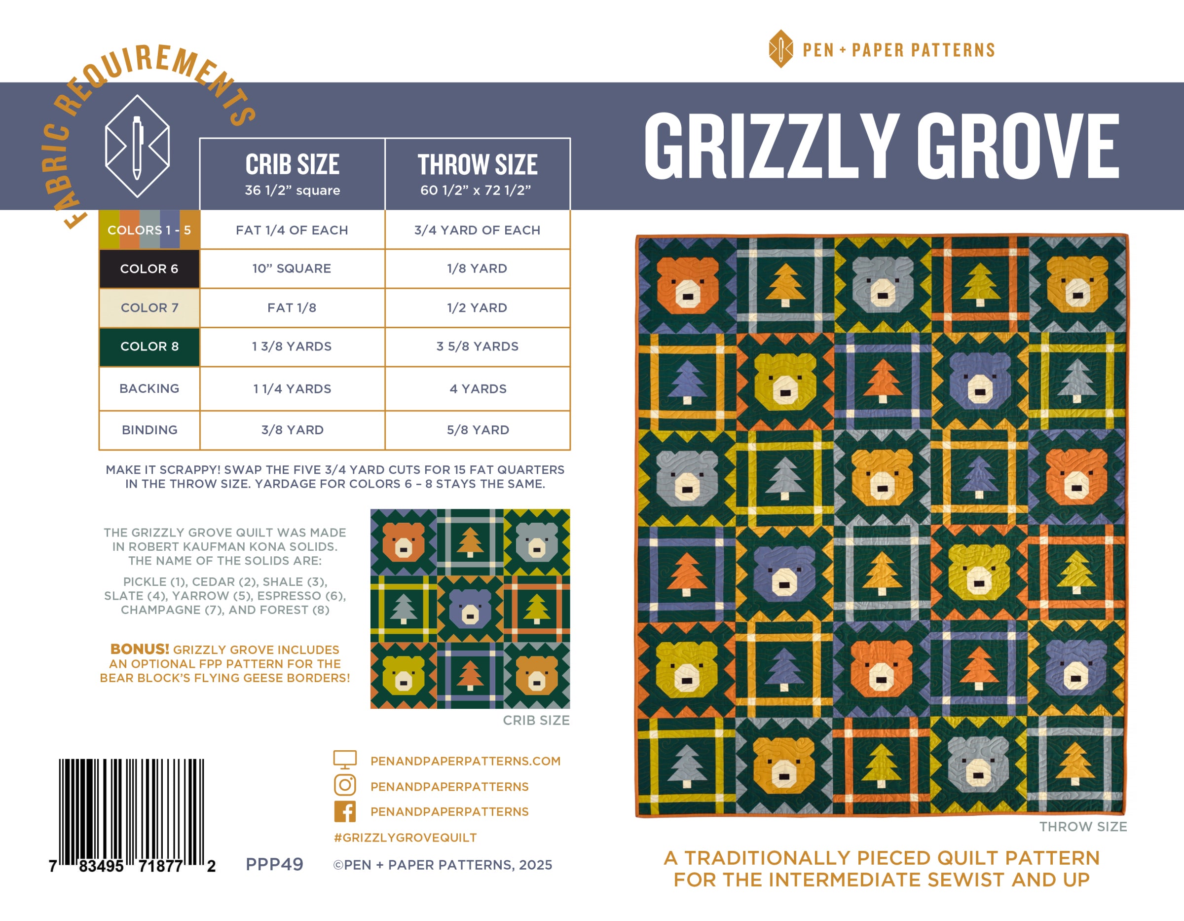 Grizzly Grove Pen and Paper Patterns Kit- Throw Size - Happy Little Quilt Shop
