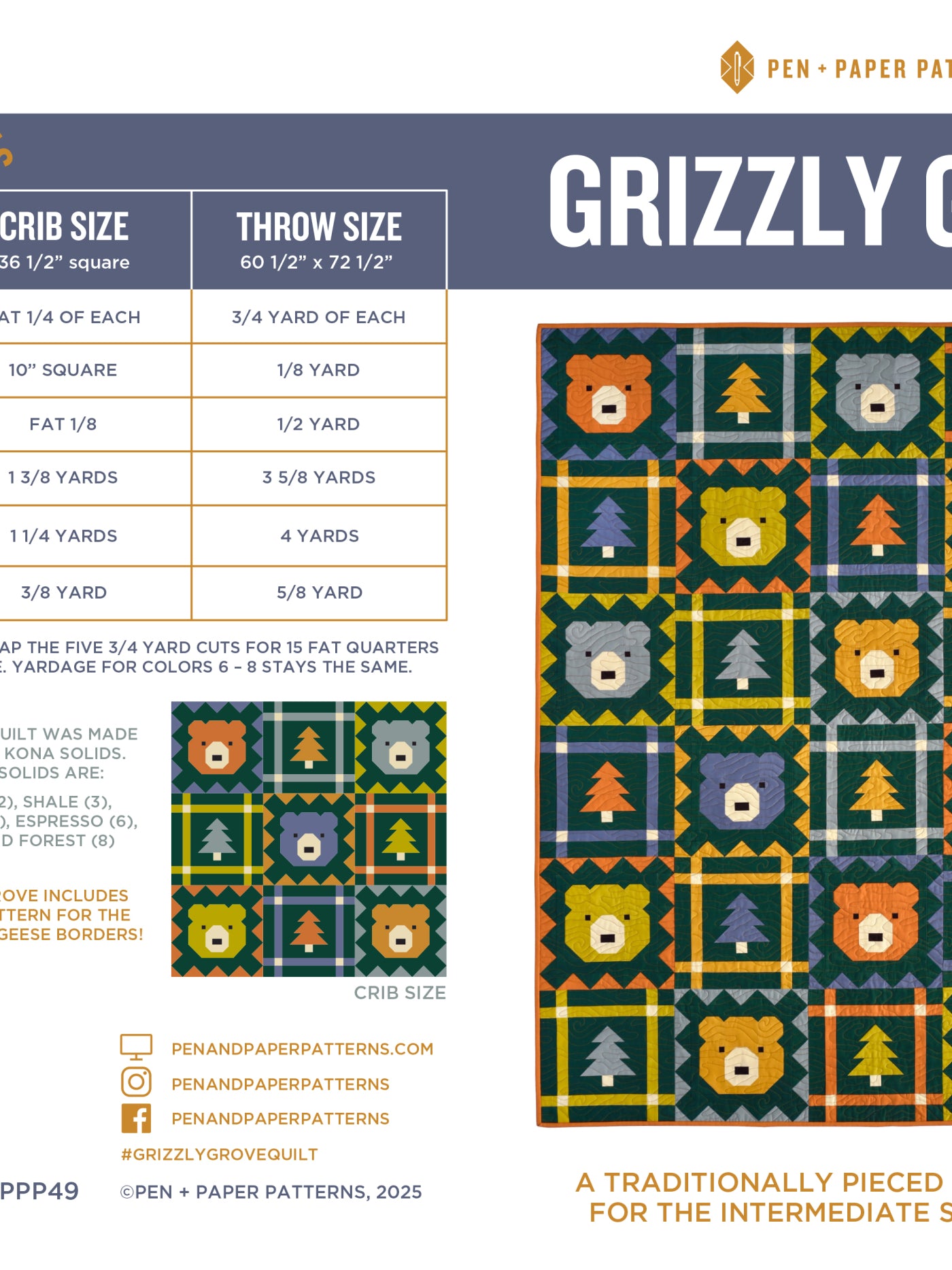 Grizzly Grove Pen and Paper Patterns Kit- Throw Size - Happy Little Quilt Shop