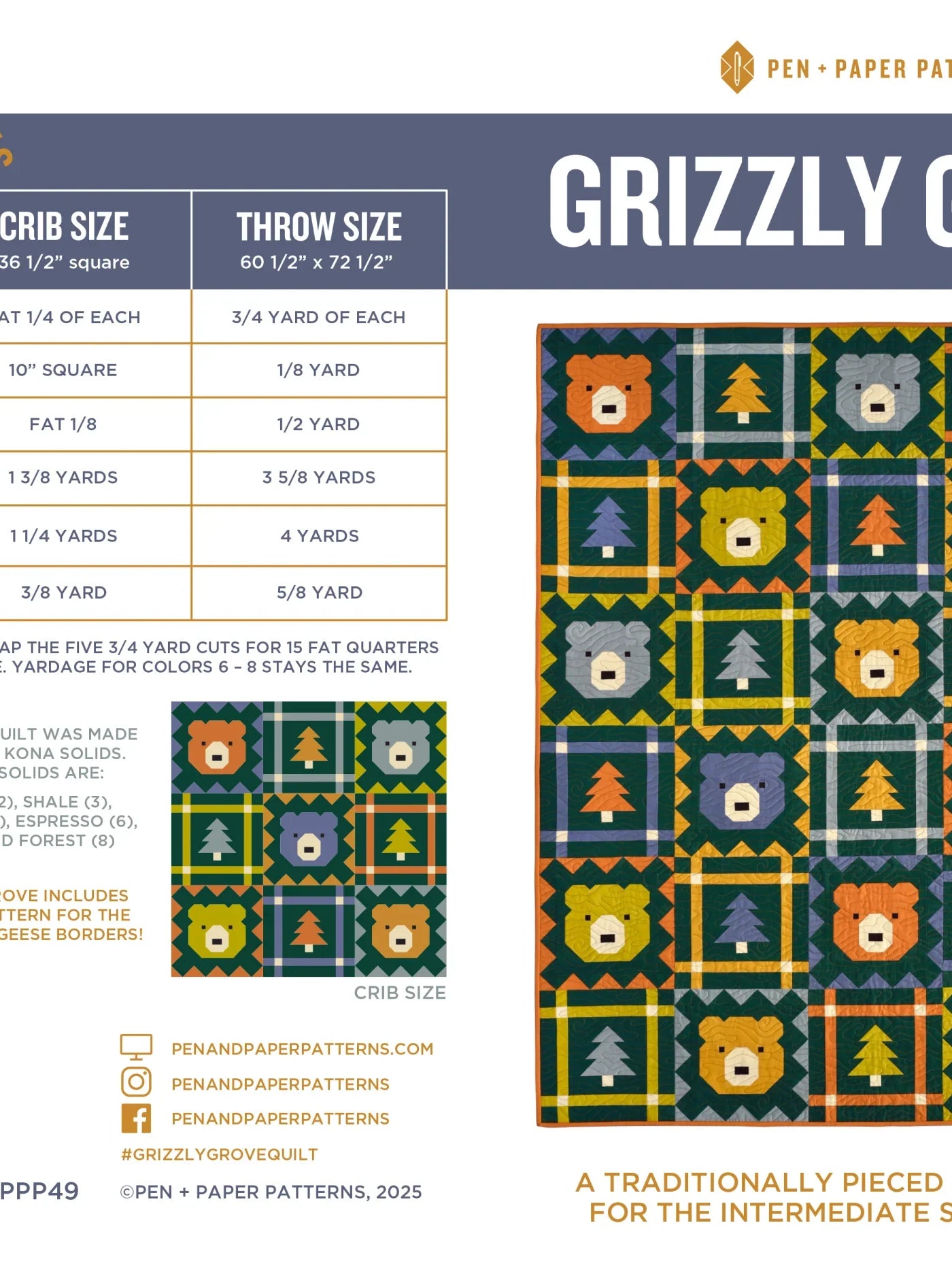 Grizzly Grove Pen and Paper Patterns Kit- Throw Size - Happy Little Quilt Shop