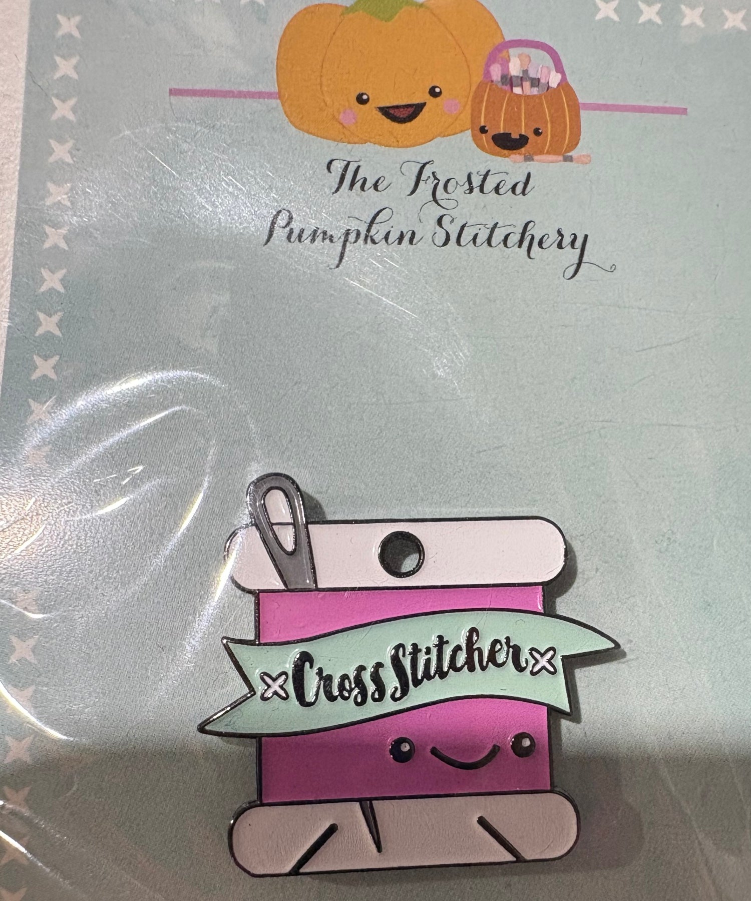 The Frosted Pumpkin Stitchery Cross Stitcher Enamel Pin - Happy Little Quilt Shop