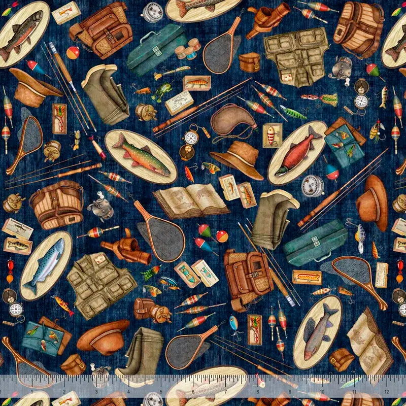 ALL MICHIGAN SHOP HOP 2026 - FISHING EQUIPMENT - NAVY - Happy Little Quilt Shop