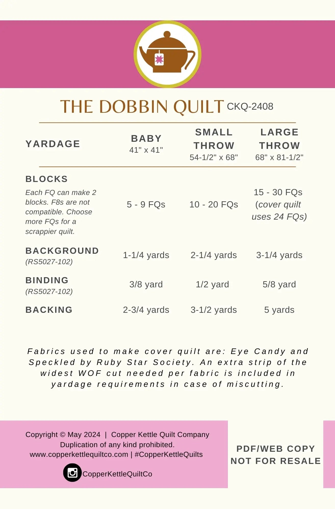 The Dobbin Quilt CKQ 2408 Copper Kettle Pattern - Happy Little Quilt Shop